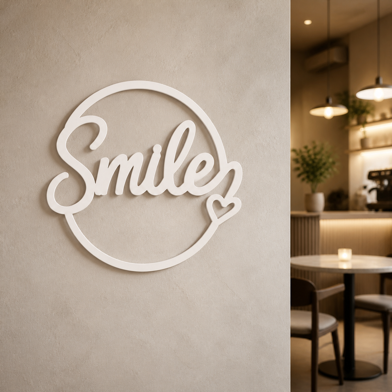 وال آرت کلمه اسمایل smile لبخند.عنوان محصول: وال‌آرت مینیمال «Smile» – لمسی از حس خوب بر دیوار